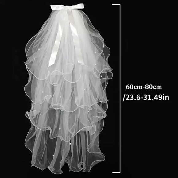 5 Layer Pearl Accents Elbow Bridal Wedding Veil With Satin Bow Comb White Veil main image 5